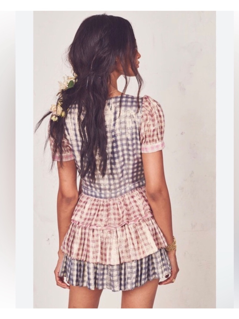 LoveShackFancy Lucinda Metallic Plaid Tiered Bow Mini Dress - Picture 2 of 6